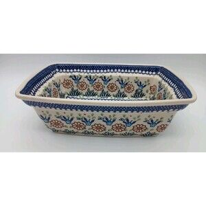Boleslawiec Polish Pottery Blue White Floral Rectangular Dish 10 x 7.5 inches